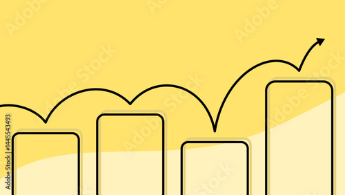 Minimalist bar chart with a bouncing black arrow indicating ups and downs, outlined in black over a yellow background