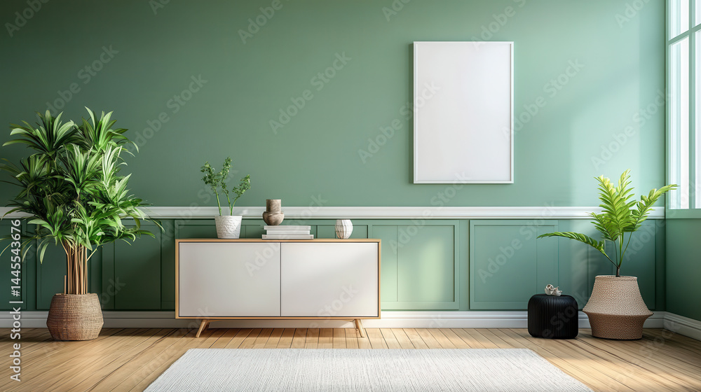 Fototapeta premium Serene Living Room: A tranquil interior design showcases a minimalist style with wooden floor, framed picture, sideboard and plants creating a sense of calm and sophistication.