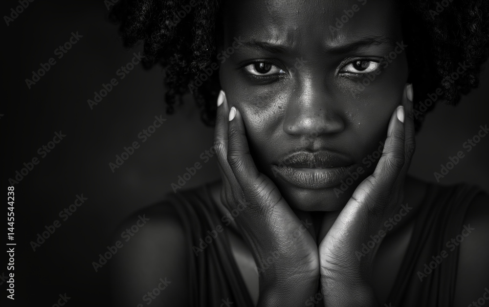 Fototapeta premium Dramatic close-up of a woman pressing her face with hands – ideal for emotion, stress, mental health, or portrait art themes.