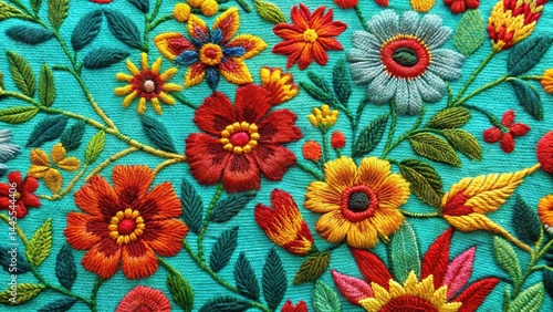 Vibrant flowers and leaves on a colorful woven fabric with intricate embroidered designs in shades of turquoise, red
