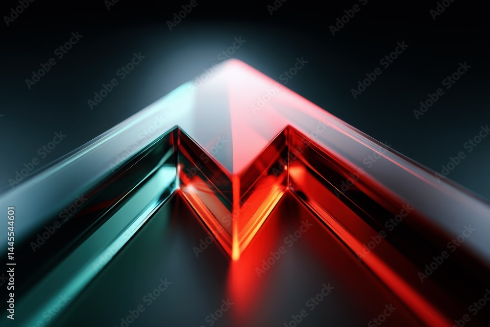 3D Glass Arrows Converging to Glowing Center on Dark Background, Futuristic Infographic Concept