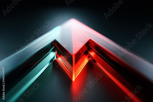 Obraz na płótnie 3D Glass Arrows Converging to Glowing Center on Dark Background, Futuristic Infographic Concept w salonie