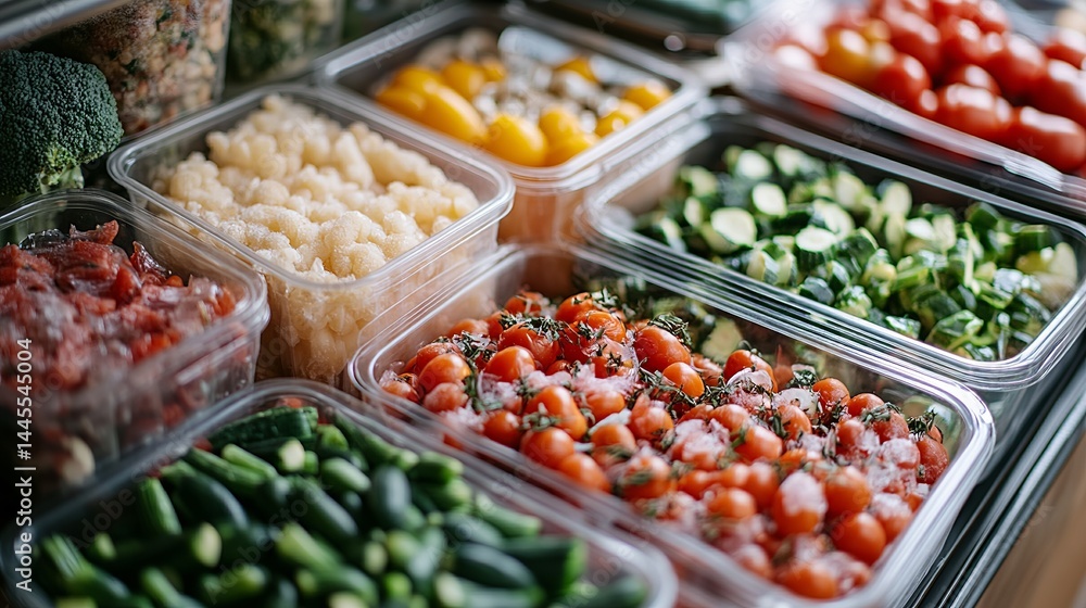 Frozen vegetable mix selection in clear containers food diet peas corn beans salad fresh vegan eating Frozen vegetable mix selection in clear containers food diet peas corn beans salad fresh vegan eating