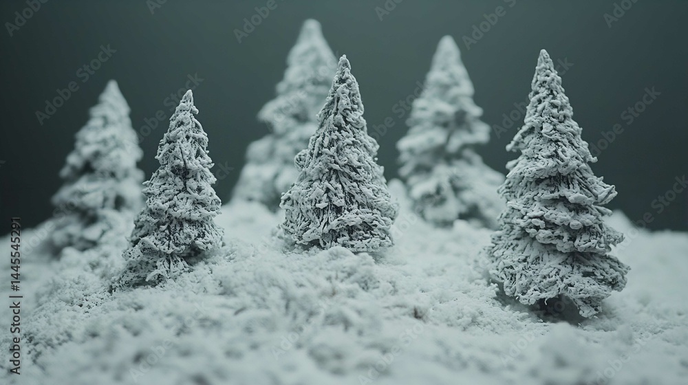 Obraz premium Miniature Trees in Snowy Forest: Perfect Diorama Design for Christmas Decoration with White Pine Trees and Festive Aesthetic in Winter Wonderland Season