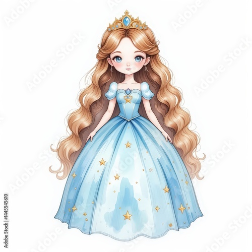 Charming Princess Character in Elegant Blue Gown With Star Details and Golden Crown