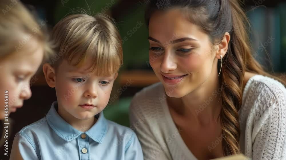 A mother shares a joyful storytime with her kids, filled with laughter and love A mother shares a joyful storytime with her kids, filled with laughter and love