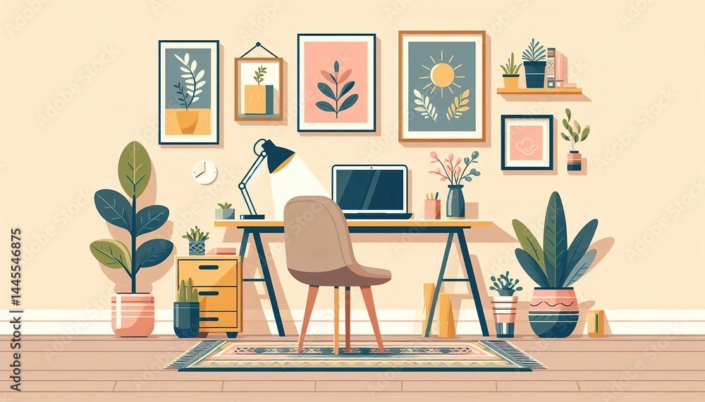Fototapeta premium A cozy home office with a wooden desk, laptop, chair, and plants, decorated with framed art and shelves, creating a productive and inviting workspace