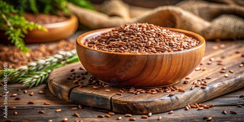 Wooden bowl filled with flaxseed on rustic table, natural ingredients