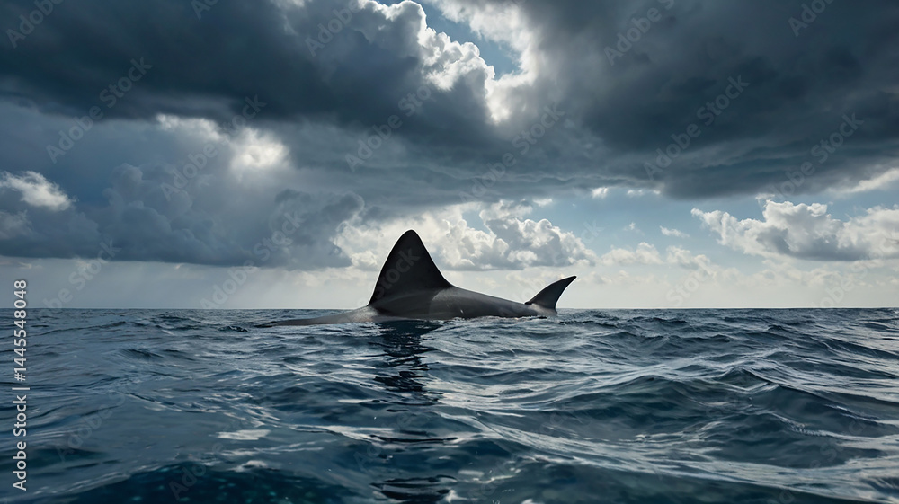 Fototapeta premium A dark gray dorsal fin breaks the blue sea surface. The presence of these distinctive fins creates a sense of mystery and potential danger hidden beneath the waves