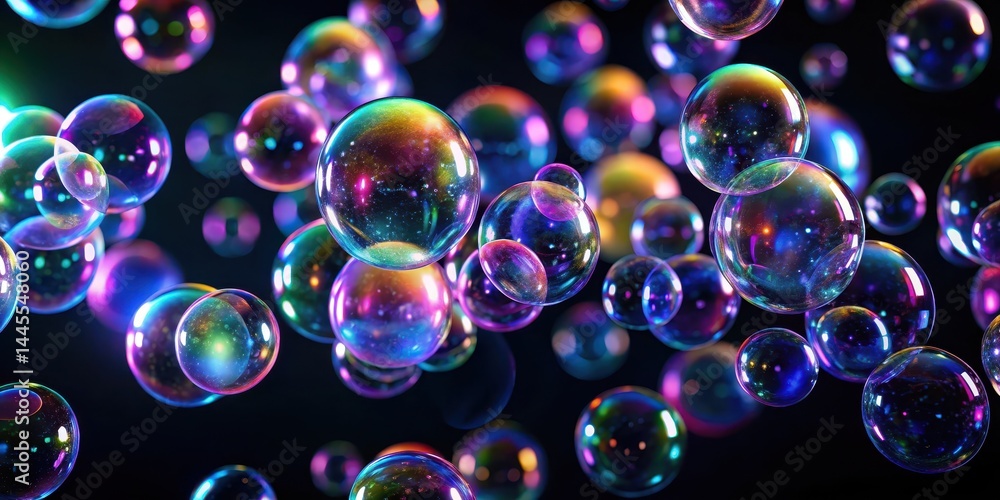 Neon bubbles floating in mid-air against a dark black background, emitting soft and calming light, creating an ethereal atmosphere, dreamy, Abstract neon bubbles Neon bubbles floating in mid-air against a dark black background, emitting soft and calming light, creating an ethereal atmosphere, dreamy, Abstract neon bubbles