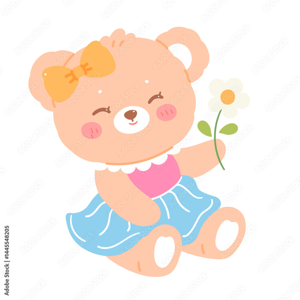 Fototapeta premium Cute bear holding flower decoration cartoon illustration