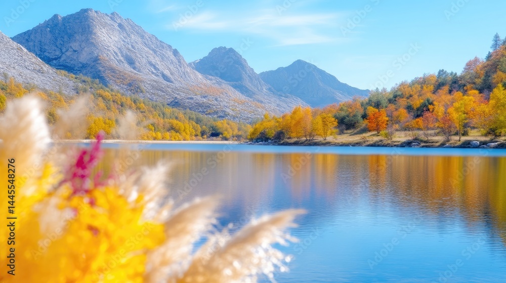 Naklejka premium Scenic alpine lake reflecting majestic mountains surrounded by colorful autumn foliage under a clear blue sky.