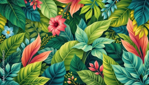 Wallpaper Mural a vibrant and lush tropical foliage background featuring various shades of green leaves, interwoven to create a beautiful floral pattern that gives the illusion of a dense forest Torontodigital.ca