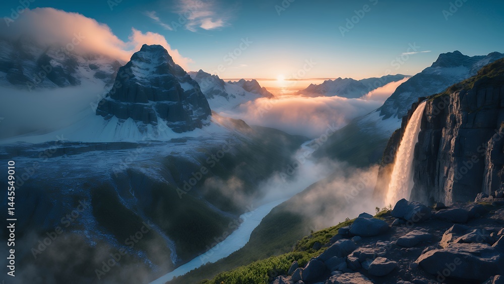 Naklejka premium Mountain Waterfall Valley Landscape View