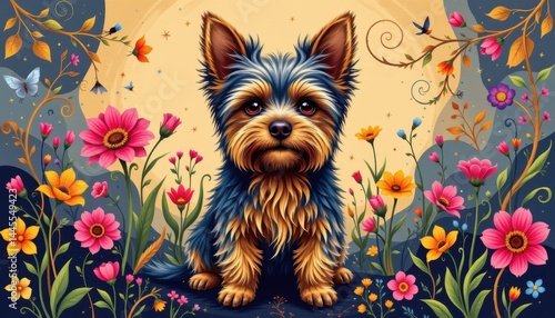 a creative illustration featuring a yorkshire terrier with long flowing fur, perky ears and a confident stance