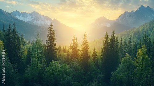 Majestic sunrise mountain landscape with green pine forest trees sky view calm wild light woods image