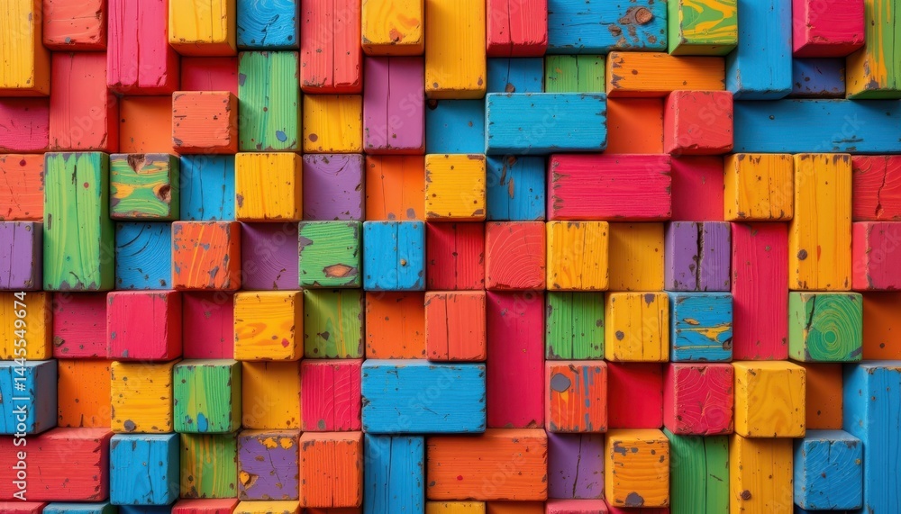 an eye catching geometric pattern of multicolored wooden cubes arranged in a 3d textured wall background an eye catching geometric pattern of multicolored wooden cubes arranged in a 3d textured wall background