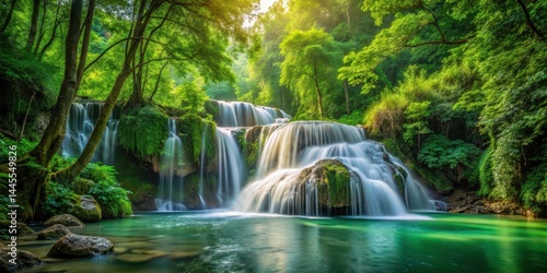 Waterfall cascading through lush green forest, flowing water, nature,  flowing water, nature, peaceful, mist