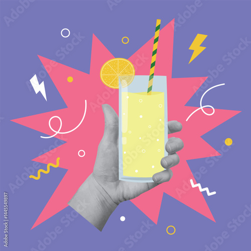 Collage design with hand holding glass with lemonade. Summertime, vacations concept. Vector illustration