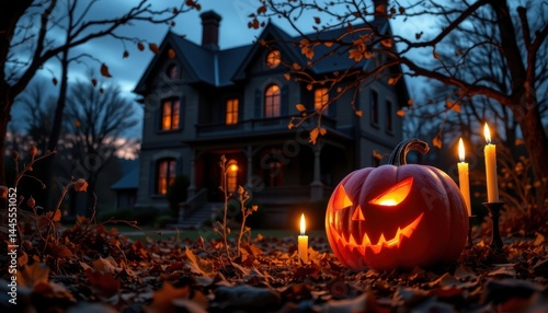 Wallpaper Mural a spooky halloween scene is set with a sinister pumpkin, flickering candles casting eerie shadows Torontodigital.ca