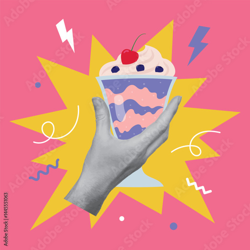 Collage design with hand holding glass with milkshake. Summertime, vacations concept. Vector illustration
