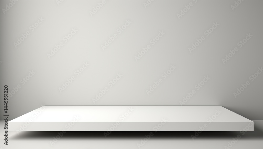 Obraz premium A floating white shelf mounted on a plain, light-colored wall in a minimalist setting.
