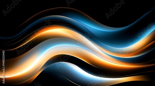 Fluid wave design with seamless blends of orange white and blue gradients set against a black backdrop made with Generative AI technology


