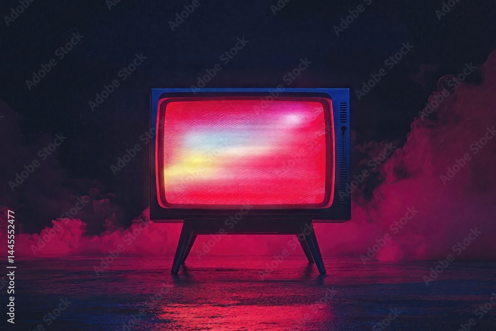 Old fashioned tv showing a vibrant, abstract image in a dark, smoke filled environment