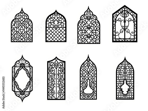 Islamic ornamental window collection in artistic outline and silhouette illustrations