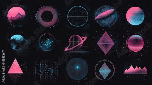 Abstract vaporwave cosmic elements collection on dark background illustration
