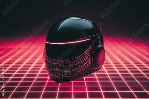 Black futuristic helmet with glowing visor and antennas standing on glowing neon grid