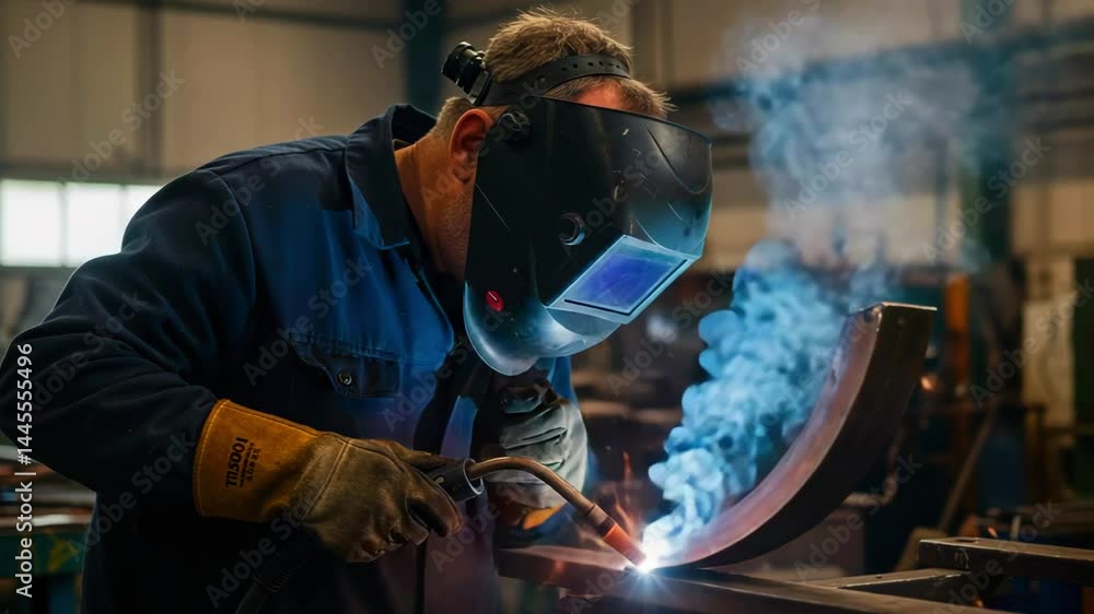 Skilled welder focused on metalwork in workshop, with smoke and tools visible in background Skilled welder focused on metalwork in workshop, with smoke and tools visible in background
