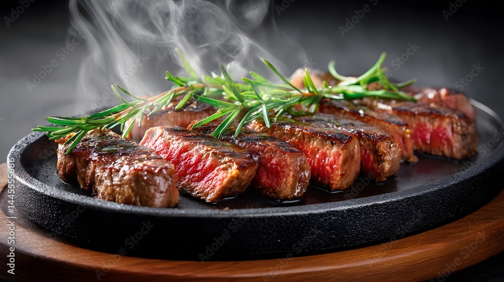 Close-up of delicious sliced steak on a black plate with rosemary and steam. Close-up of delicious sliced steak on a black plate with rosemary and steam.