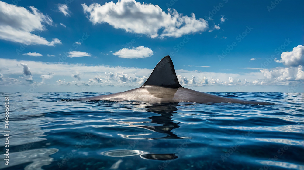 Fototapeta premium A dark gray dorsal fin breaks the blue sea surface. The presence of these distinctive fins creates a sense of mystery and potential danger hidden beneath the waves