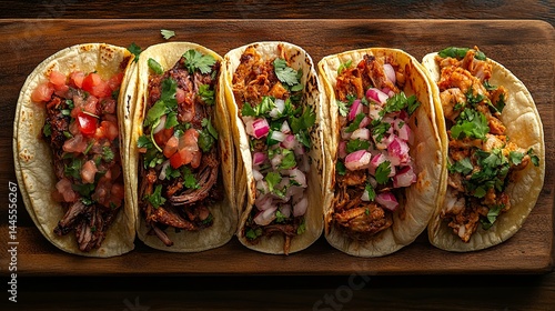 Delicious mexican tacos assortment with various fillings and toppings food meal meat tasty lunch
