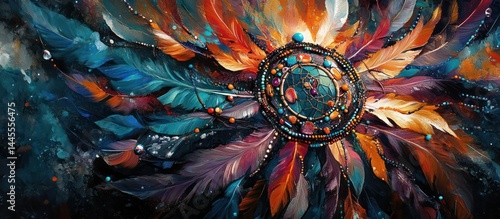 Vibrant and Surreal Dreamcatcher Artwork with Intricate Feathers and Cosmic Motifs Symbolizing Spiritual Connection Mystical Awakening and Transcendental Consciousness