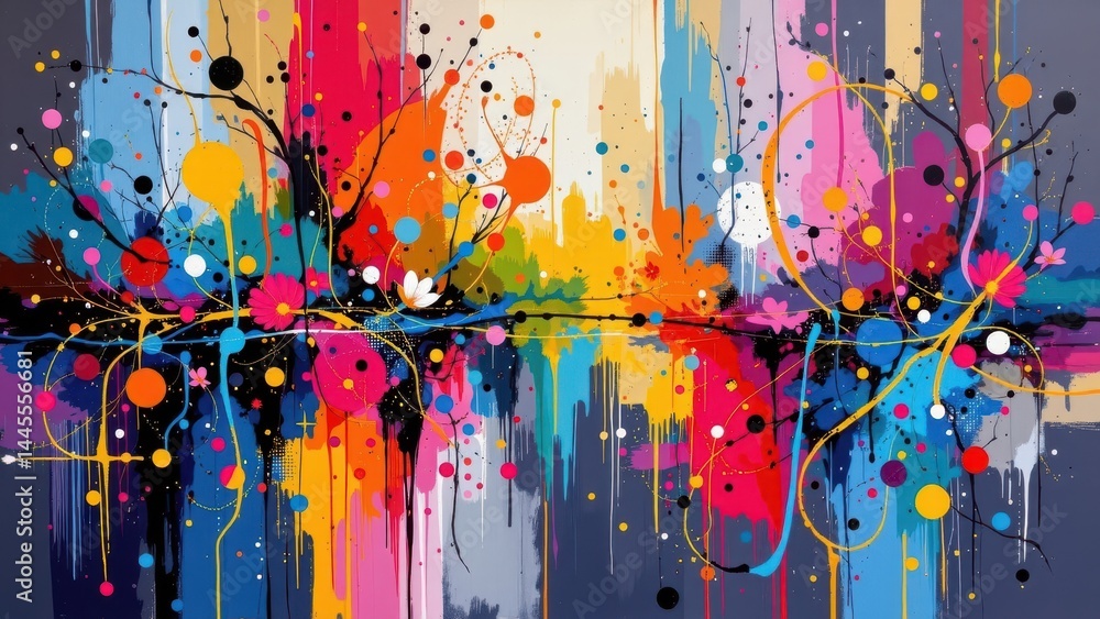 the oil painting on canvas showcases a vibrant and dynamic composition, with a harmonious blend of multicolored hues creating a rich and textured surface the oil painting on canvas showcases a vibrant and dynamic composition, with a harmonious blend of multicolored hues creating a rich and textured surface