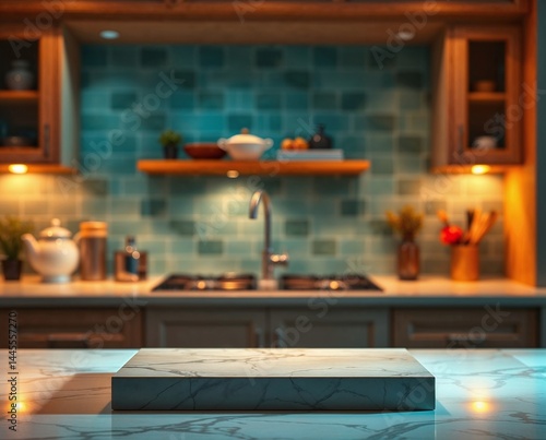 modern kitchen interior with a marble podium product display