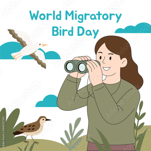 World Migratory Bird Day flat illustration featuring woman observing birds through binoculars.
