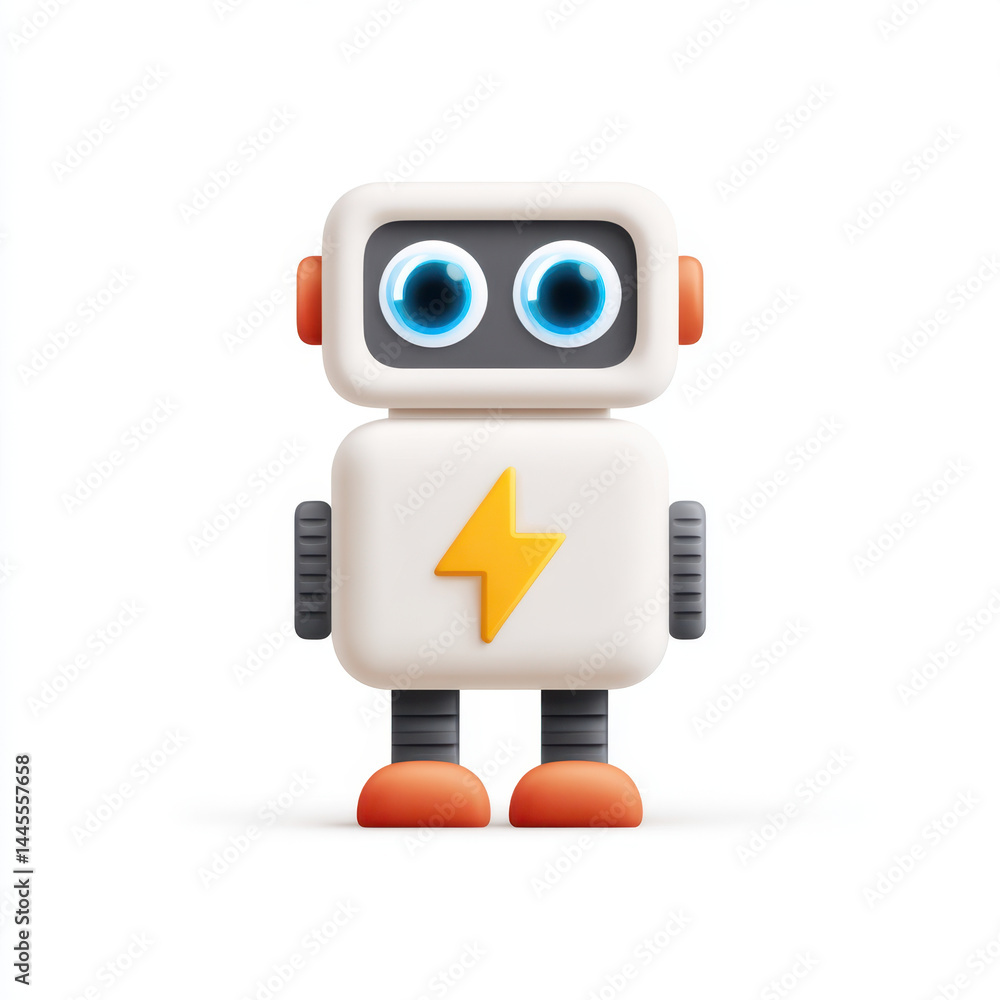 Fototapeta premium Cute robot character with big eyes and lightning bolt design, showcasing friendly and playful expression