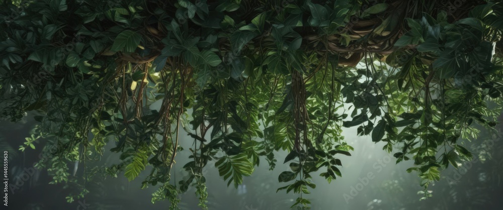 Fototapeta premium Deep emerald green tropical foliage, intertwined vines, abundant plant life , vines, vegetation