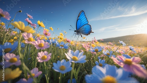 Blue butterfly over a field of daisies on a sunny day