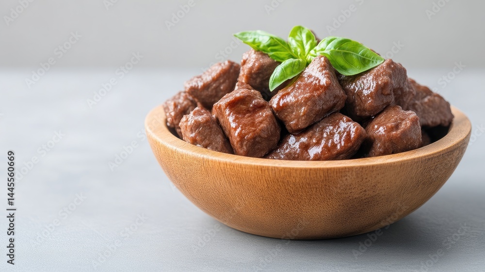 Beef Stew Basil Garnish Rustic Wooden Bowl High-Resolution Natural Lighting Close-up Rich Brown Glaze Delicious Appetizing Grey Background Warm Brown Tones Culinary Food Blog Beef Stew Basil Garnish Rustic Wooden Bowl High-Resolution Natural Lighting Close-up Rich Brown Glaze Delicious Appetizing Grey Background Warm Brown Tones Culinary Food Blog