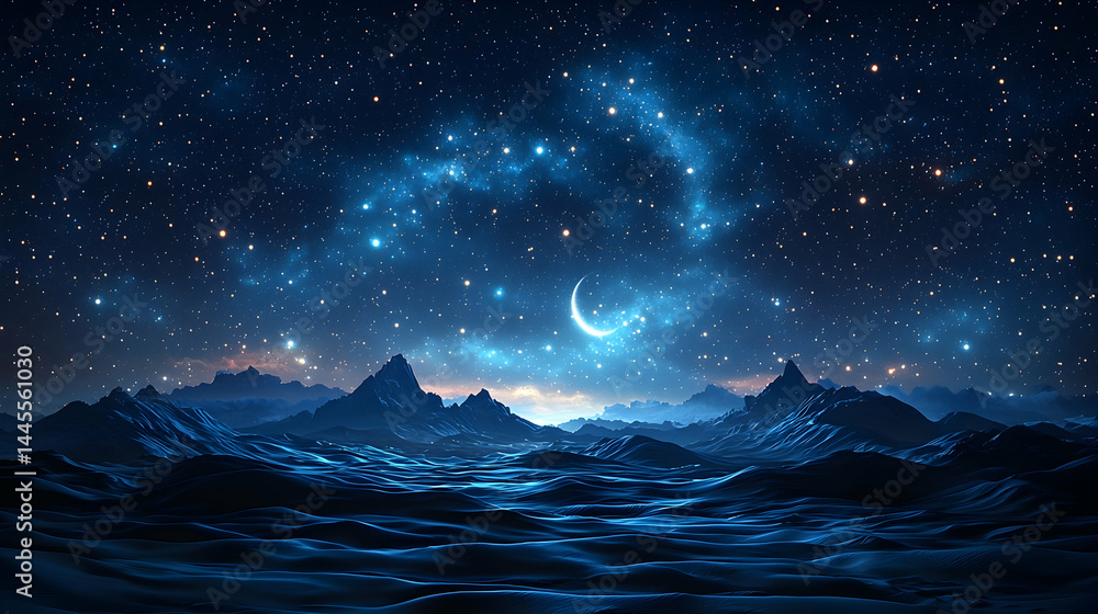 Fototapeta premium Celestial Night Sky with Crescent Moon Over Mountainous Landscape 