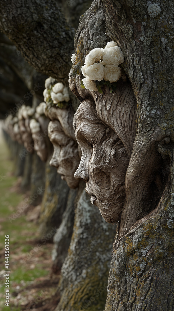 Nature's Artistic Masterpiece: Intricate Tree Faces Adorned with Delicate Flowers Nature's Artistic Masterpiece: Intricate Tree Faces Adorned with Delicate Flowers