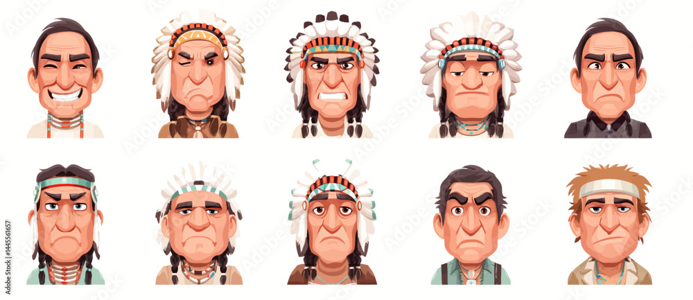 A set of expressive character faces for a Native American chief, showcasing different emotions: happy, angry, surprised, sad, mischievous, and neutral. A set of expressive character faces for a Native American chief, showcasing different emotions: happy, angry, surprised, sad, mischievous, and neutral.