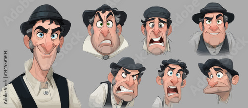 A set of expressive character faces for a Shoemaker, showcasing different emotions: happy, angry, surprised, sad, mischievous, and neutral.