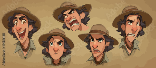 A set of expressive character faces for an Archaeologist, showcasing different emotions: happy, angry, surprised, sad, mischievous, and neutral.