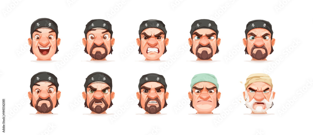 A set of expressive character faces for a Pirate, showcasing different emotions: happy, angry, surprised, sad, mischievous, and neutral. A set of expressive character faces for a Pirate, showcasing different emotions: happy, angry, surprised, sad, mischievous, and neutral.