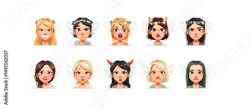 A set of expressive character faces for a Fairy, showcasing different emotions: happy, angry, surprised, sad, mischievous, and neutral.